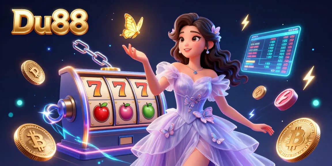 Engage with Du88's vibrant casino experience featuring slot reels, exotic symbols, and cryptocurrency elements.