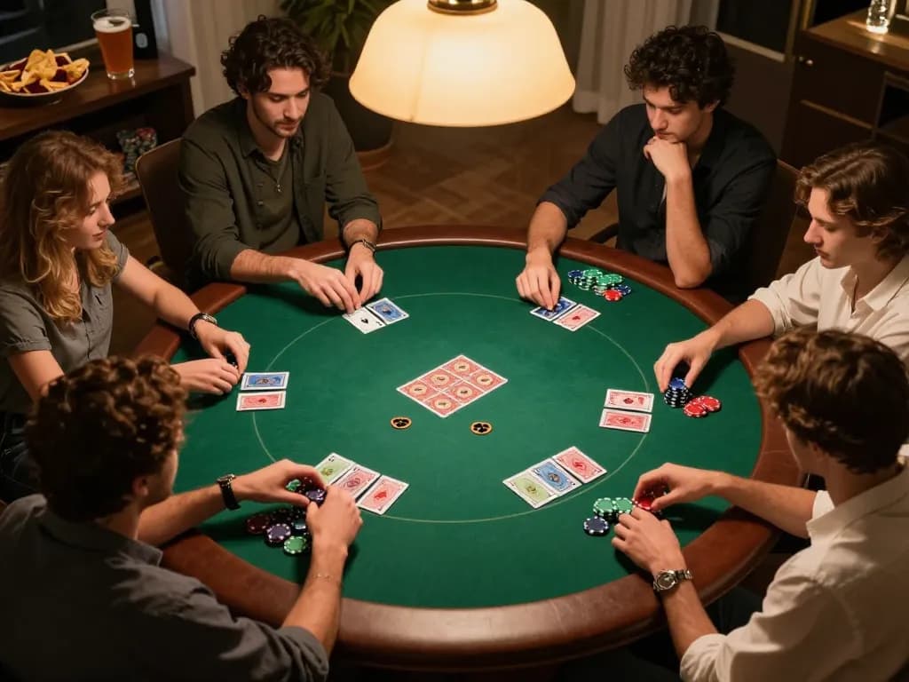 Friends enjoying a poker game night at home, emphasizing strategic play and camaraderie, featuring fly88 themed decor.