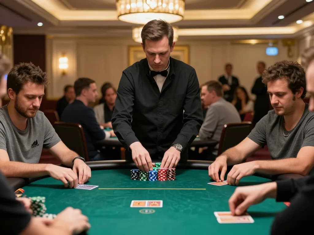 LV88 players strategizing at a high-stakes poker table in an upscale casino.