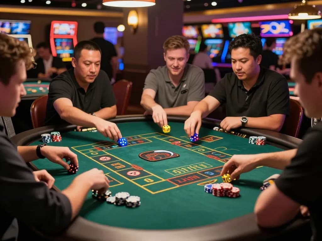 Tài Xỉu players placing bets at a lively casino table, capturing the thrill of dice rolling.