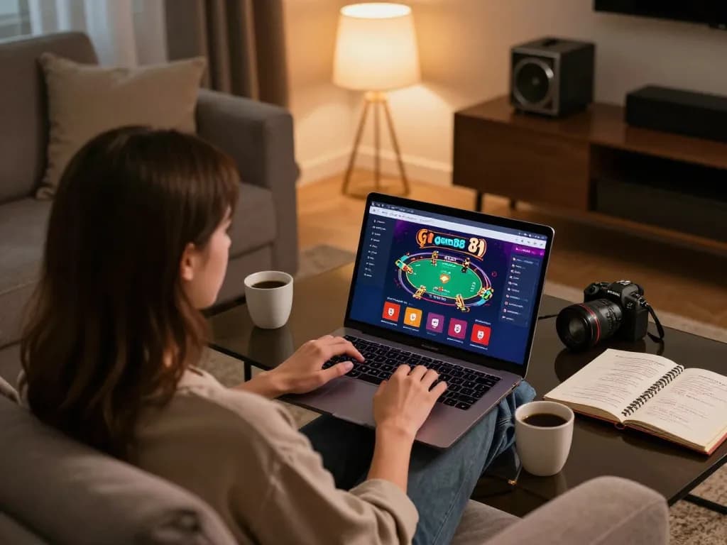 Engaging with gem88 online casino interface on a stylish laptop in a cozy home setup, showcasing strategic gameplay.