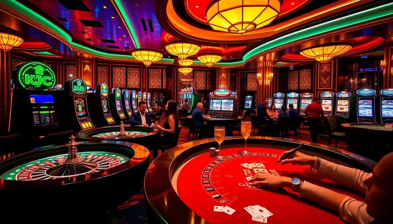 Experience the thrill of KJC gaming with vibrant casino tables, poker players, and rich lighting.