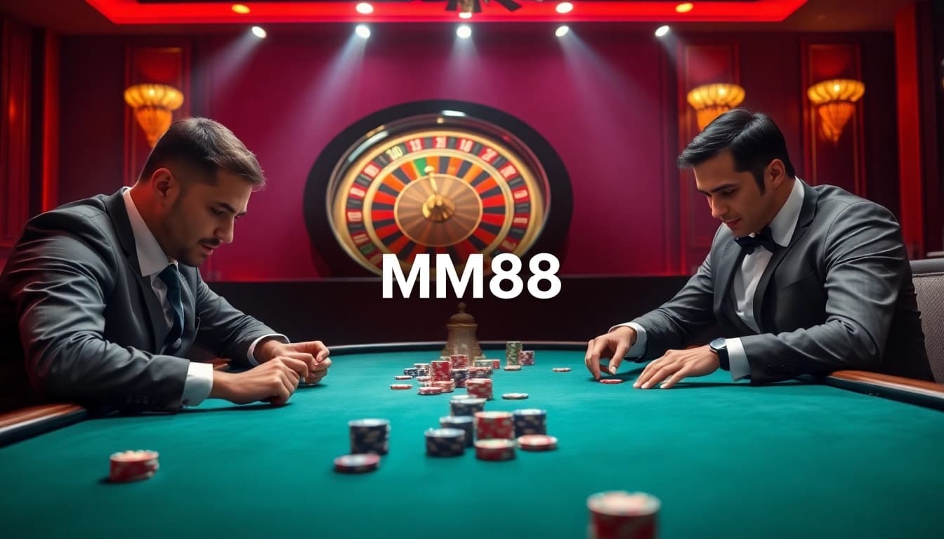 Experience the thrill of MM88 with professional gamblers at a luxurious poker table.