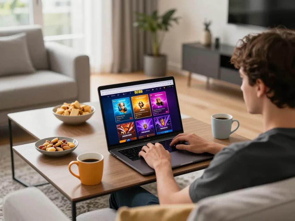 SC88 online casino gaming interface on a laptop in a cozy living room setting
