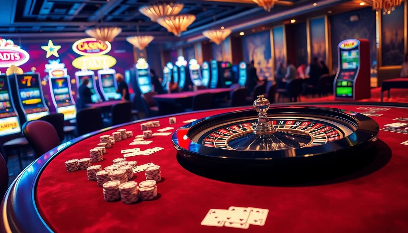 Gambling scene with luxurious tables and vibrant atmosphere at trang chủ 789p casino.