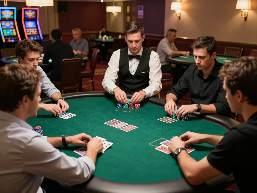 Players engage in a thrilling poker game at a Vua88 casino table, showcasing strategy and excitement.