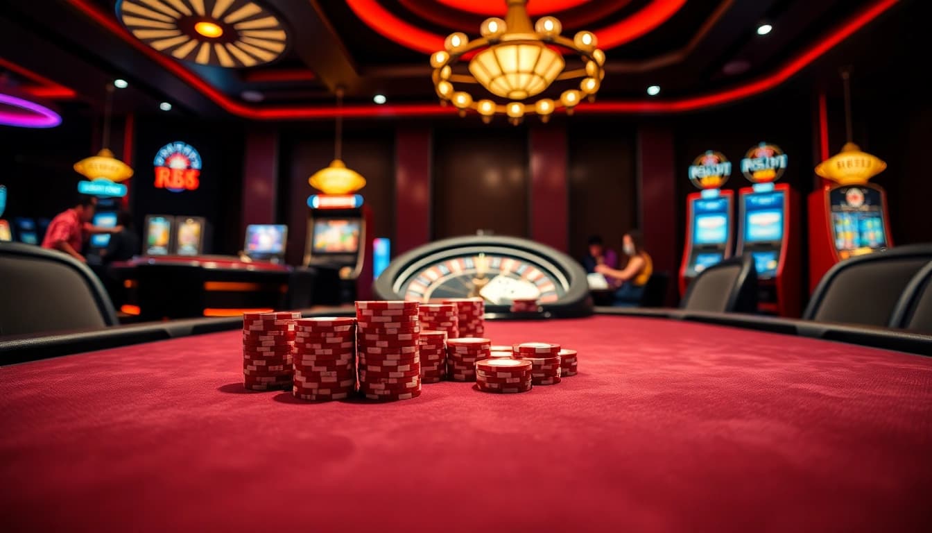 Experience thrilling high-stakes poker action at RR88 with glimmering chips and elegant casino ambiance.