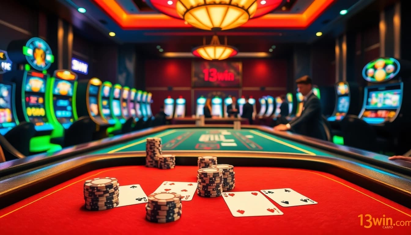 Experience thrilling gameplay at 13win.com with elegant poker tables and vibrant slot machines in a luxurious casino setting.