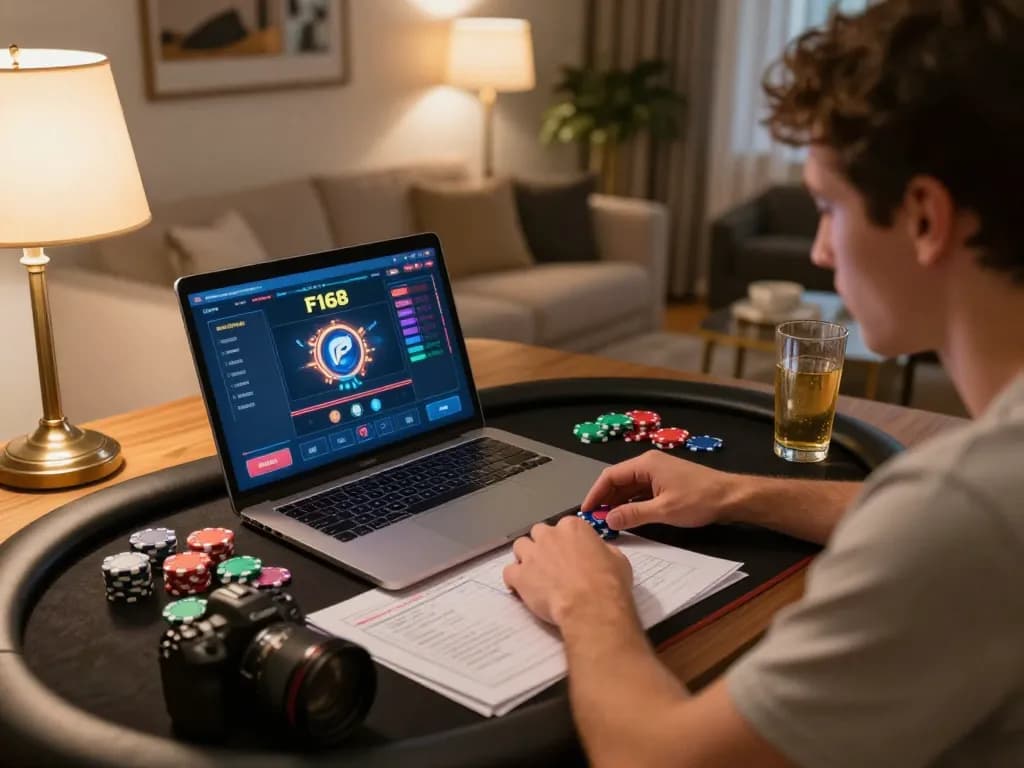 Player engaged in strategic gameplay on F168 online casino interface, warm home setting