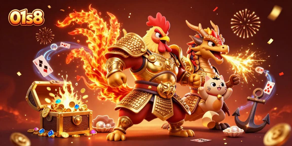Experience thrilling action with 01s8 in this vibrant 3D casino illustration showcasing dynamic characters.