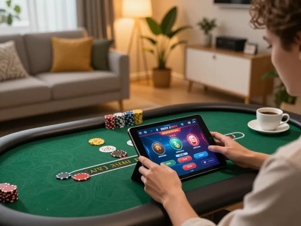 Person enjoying fun 79 online gaming on tablet in a cozy home setting, warm atmosphere and vibrant interface.