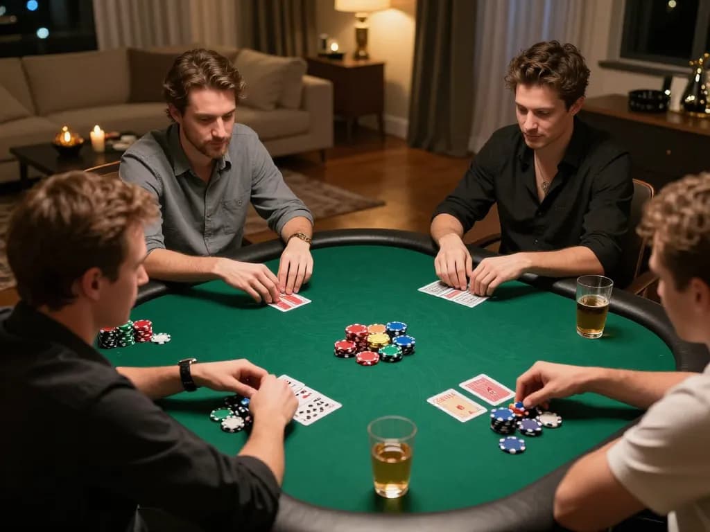 8day players enjoying intense poker game with chips and cards in vibrant home setting