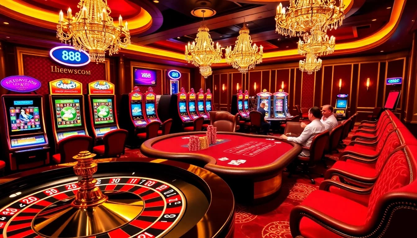 Players enjoying games at 888new com's luxurious casino, featuring roulette and poker tables.