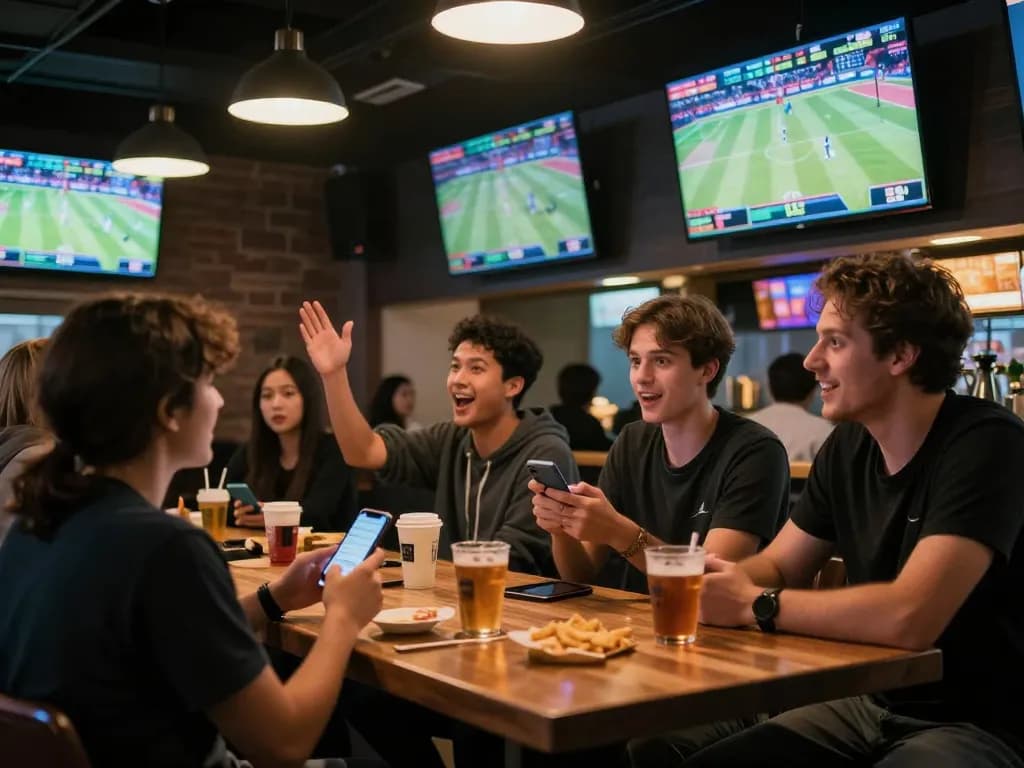 Experience the thrilling excitement of thương hiệu jun88 sports betting with friends in a vibrant sports bar setting.