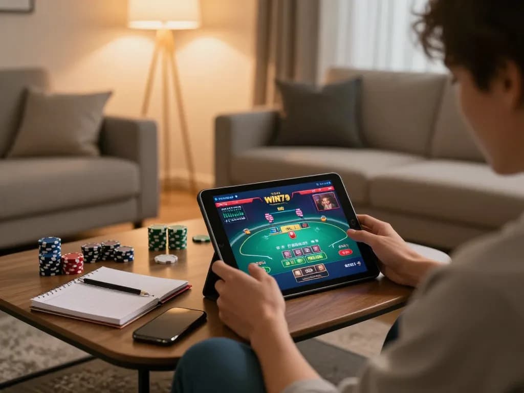 Engaged player enjoying online gaming on WIN79 tablet in cozy living room setting with strategic notes.