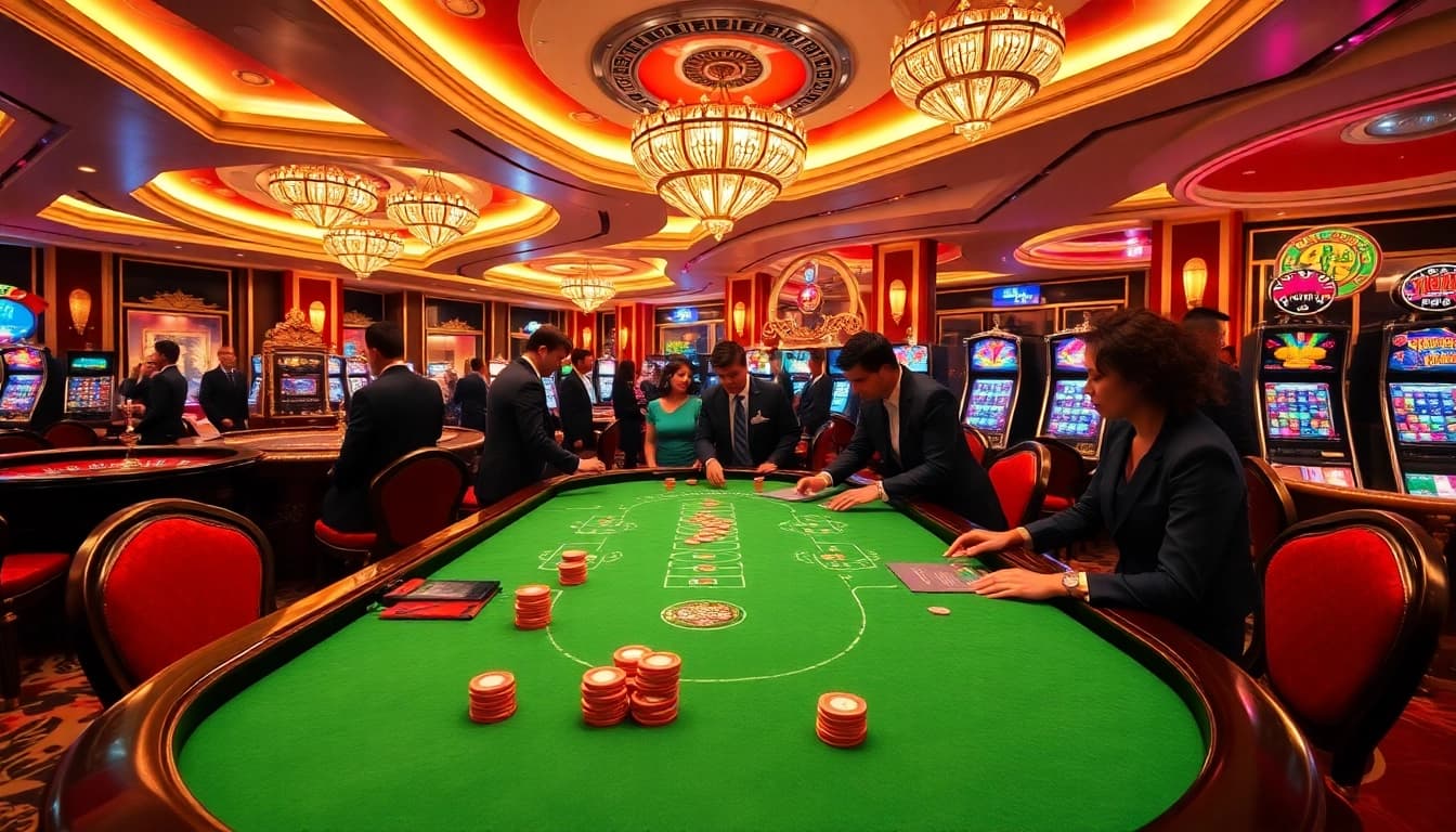 A lively casino scene showcasing thabet và kubet with players at poker and roulette tables.