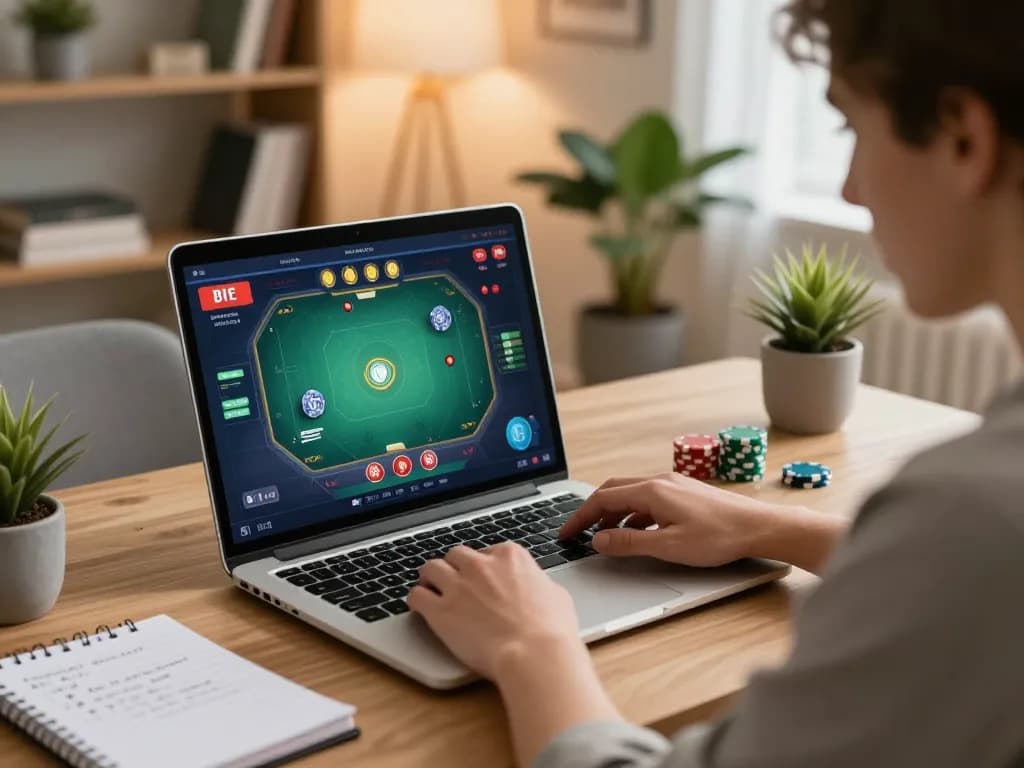 Engaging online poker gameplay on game 789win showcased in a stylish home office.