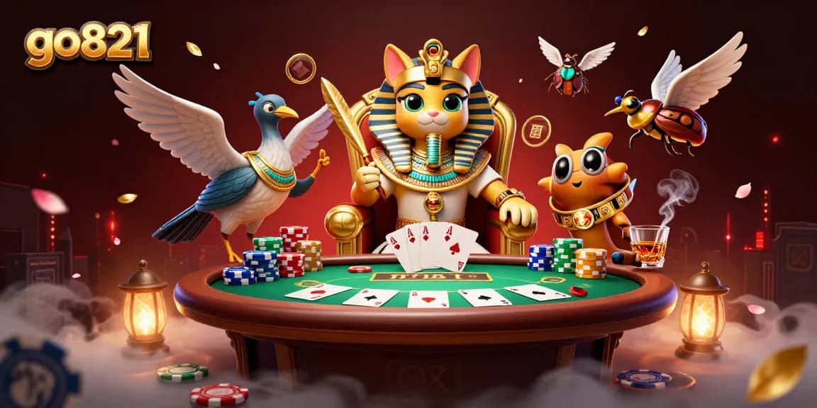 Experience the thrill of go821 poker with a pharaoh cat, chips, and glowing magic!