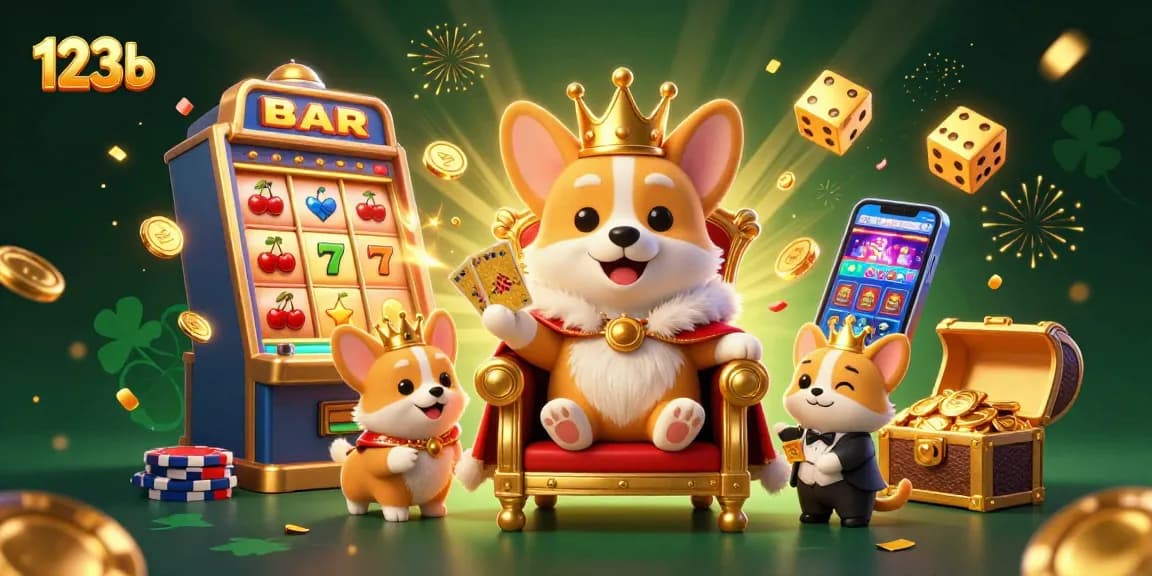 Experience the vibrant casino world with 123b's royal corgi, dynamic slot machine, and dazzling elements.
