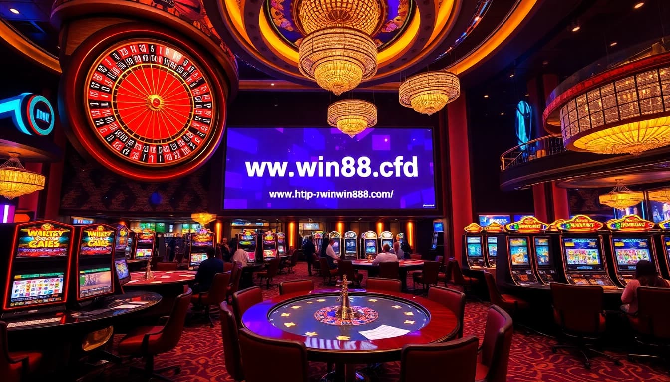 Exciting casino atmosphere showcasing the link https://win88.cfd/ with vibrant gambling elements like roulette and slots.