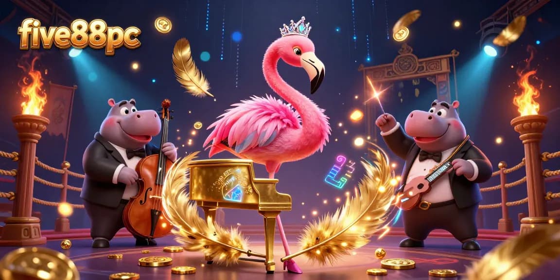 Experience the vibrant energy of five88pc with a cartoon casino scene featuring a flamingo singer and hippo bassist.