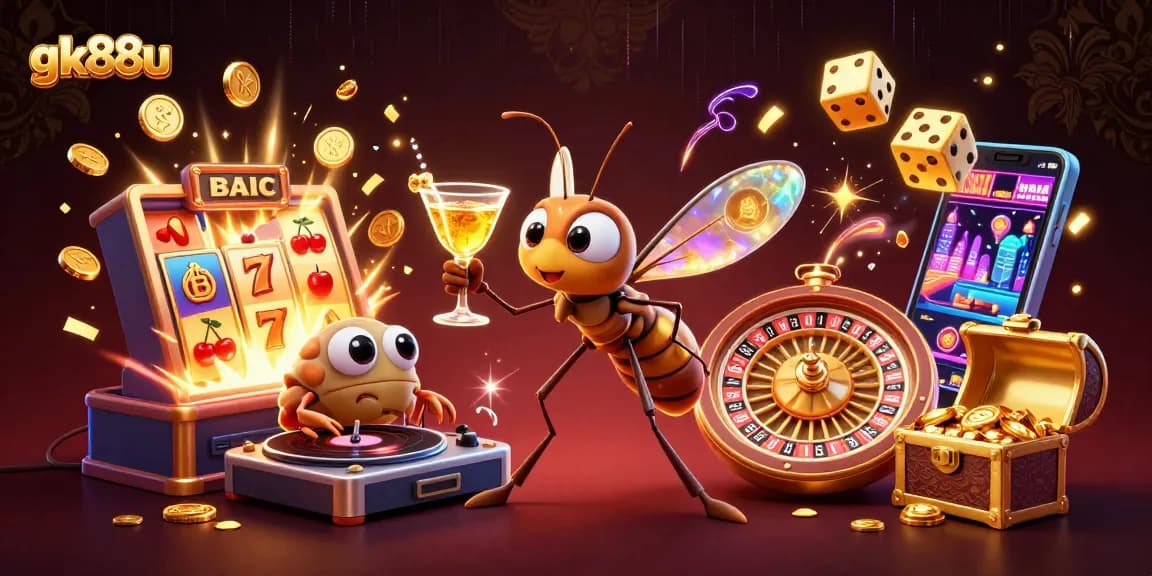 Engage with gk88u's vibrant casino atmosphere reflected in lively characters and dynamic game elements.