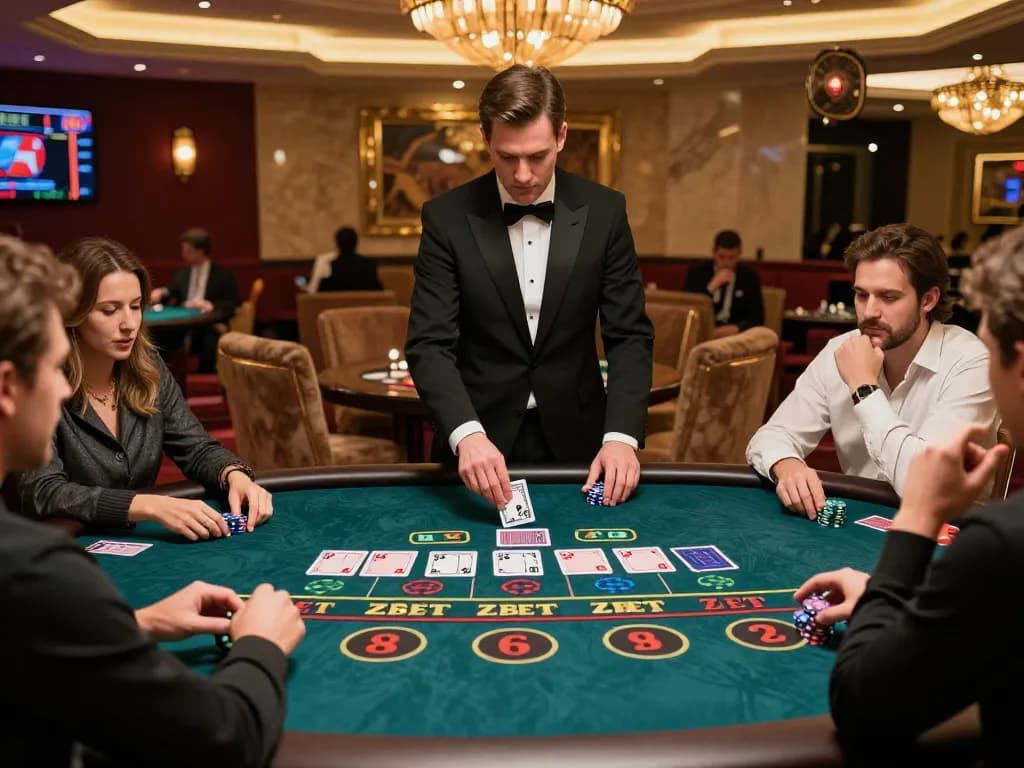 Players engaged at Zbet Casino baccarat table, strategizing bets with an elegant dealer.