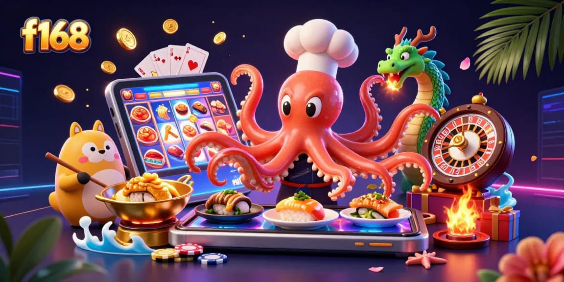 Engage with f168's thrilling casino experience through a vibrant illustration showcasing gaming excitement.