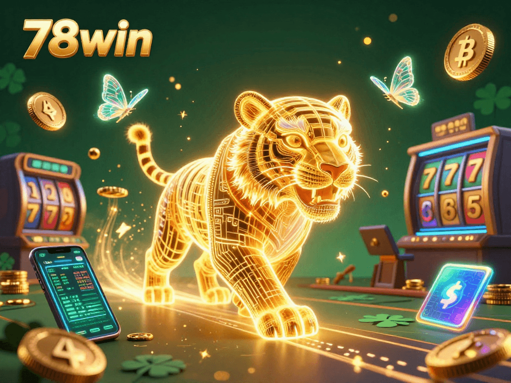 Experience the thrill of 78win with a vibrant digital casino scene featuring a golden tiger and holographic elements.