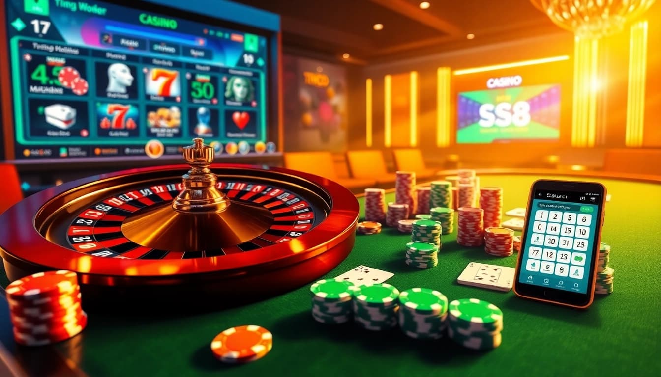 Cổng game S8 offers an exciting casino experience with vibrant poker chips and roulette wheels.