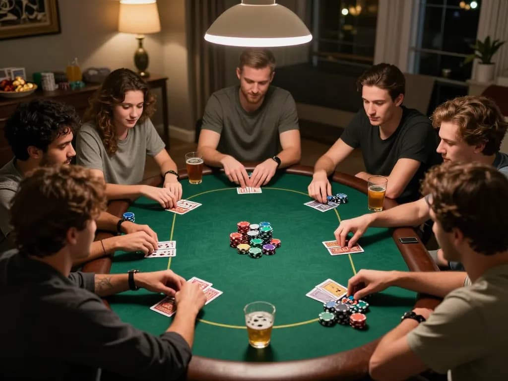 Engaged friends enjoying poker night at home, showcasing five88 gaming excitement.