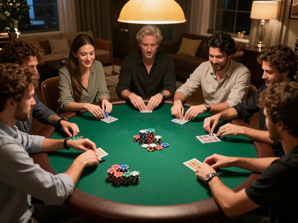 Friends play poker during a cozy home night, showcasing strategic gameplay and excitement for a 58 win.