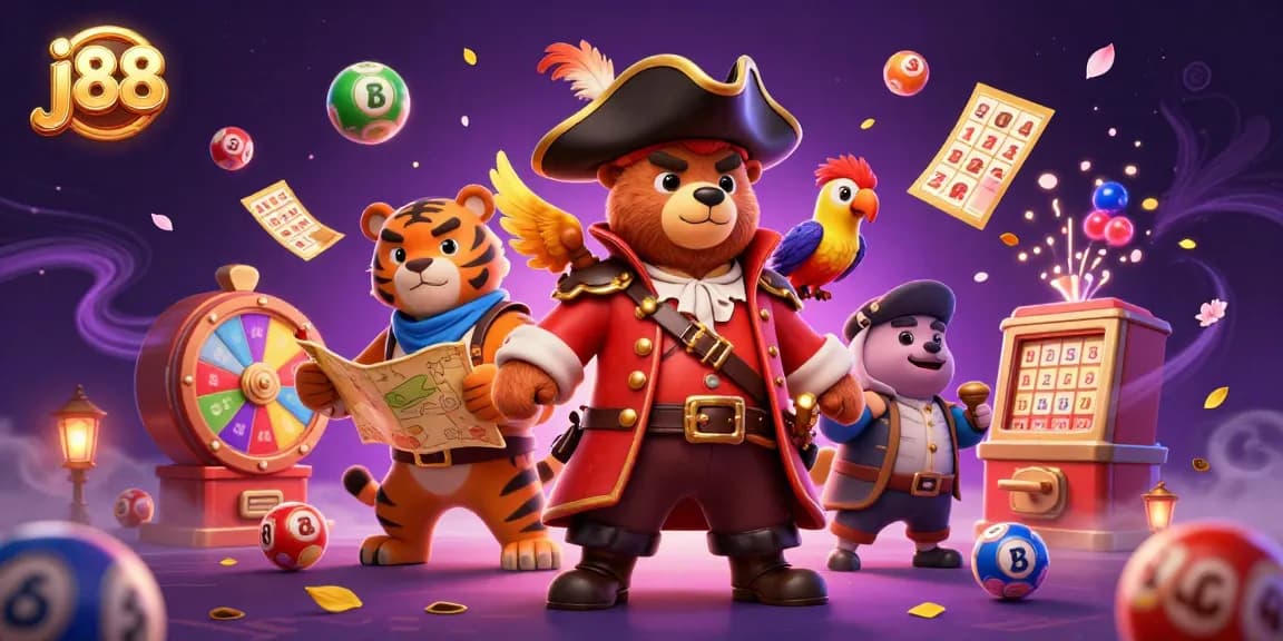 Experience the thrill of j88 gaming with vibrant lottery balls and dynamic characters in action.