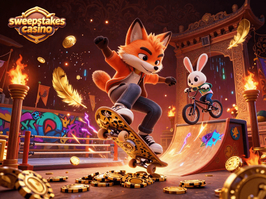 Sweepstakes casino vibrant scene with a fox and rabbit performing tricks over a ramp of poker chips.