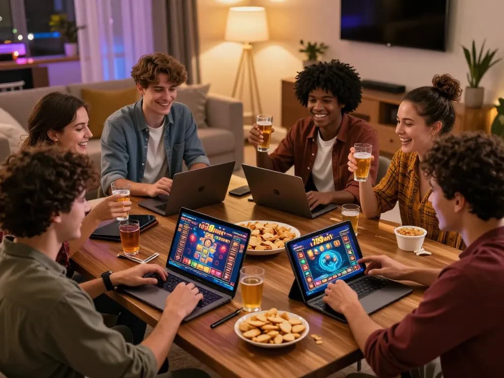 Friends enjoying the game 789win on laptops during a cozy home casino night.