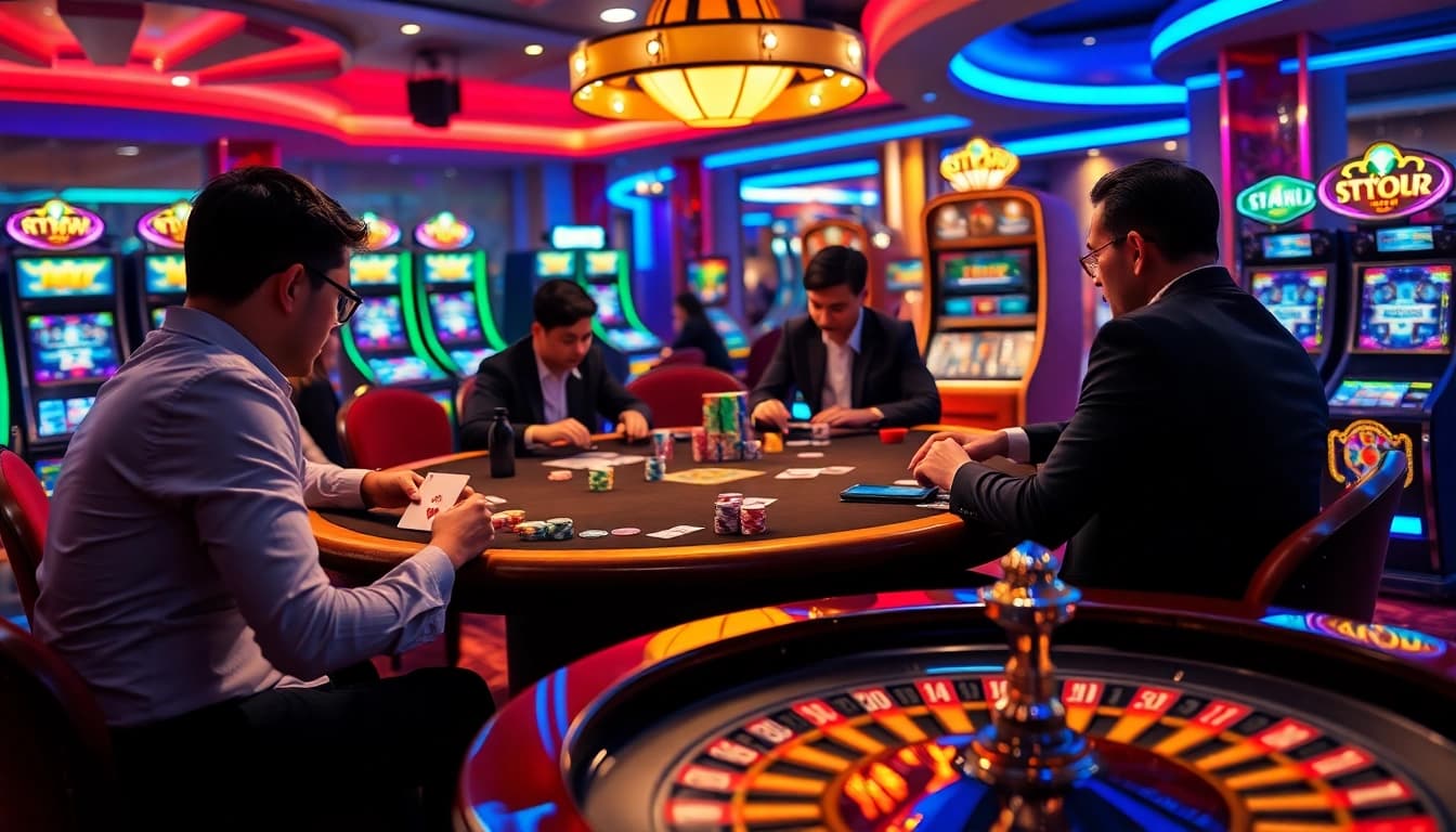 Engaged players at a professional poker table in a vibrant scene highlighting nhà cái uy tín F168.