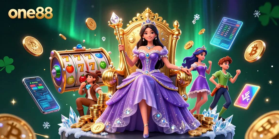 Spin the reels at one88 casino with a regal Asian princess amidst vibrant slot symbols.
