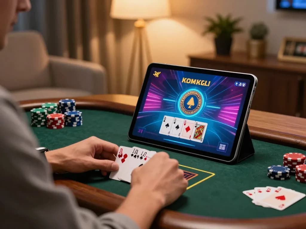 mb668 player betting on an online poker game with chips and cards visible on a sleek tablet while relaxing at home.