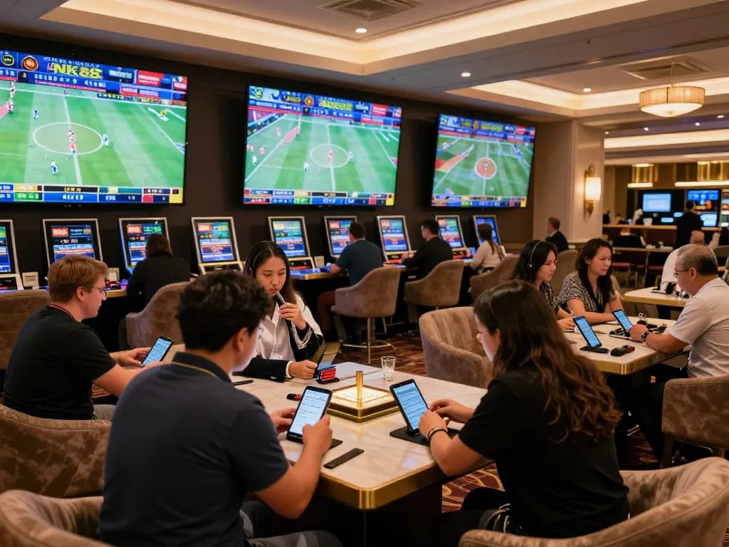 Engaged bettors analyzing statistics at nk88 sports betting lounge with large screens.