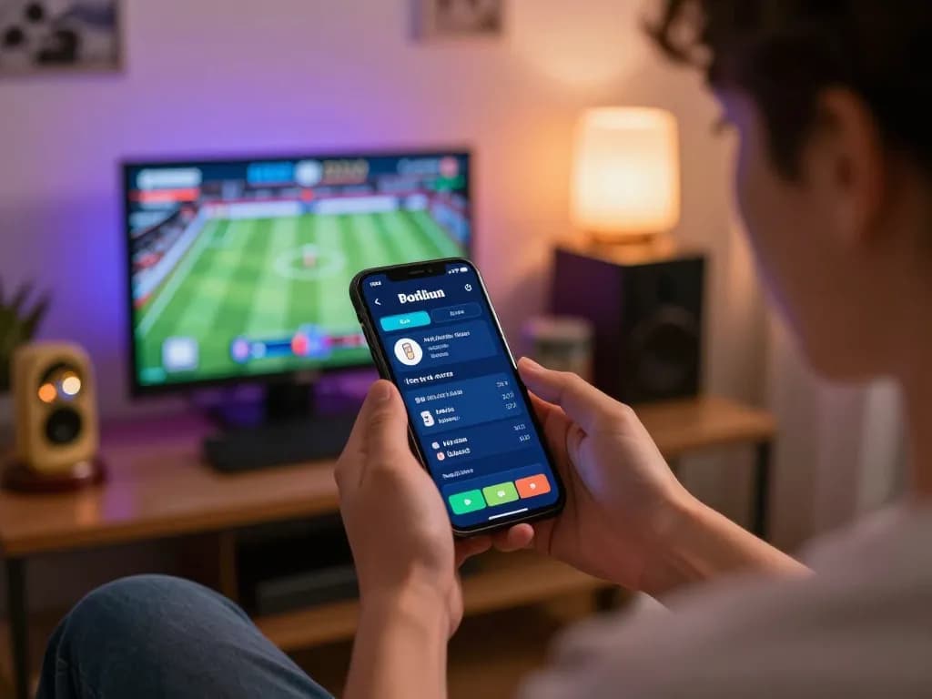 Engaging with kèo nhà cái on smartphone in a cozy home sports betting environment.