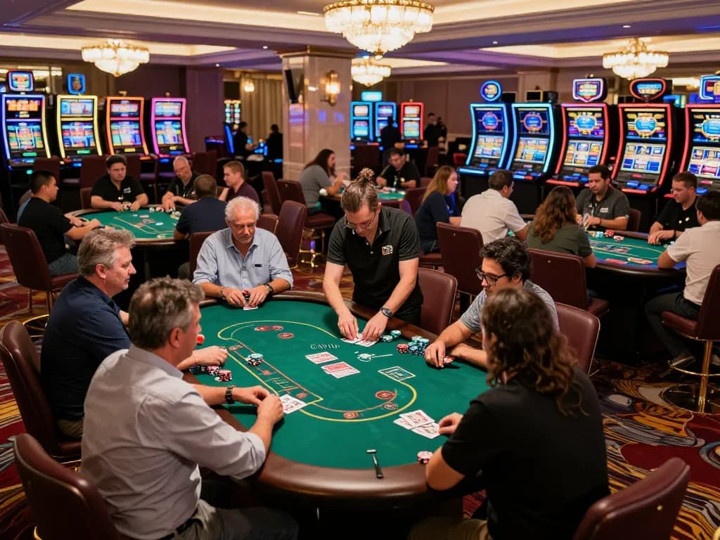 Engaged players at mk8th casino tables, showcasing dynamic gambling atmosphere and strategic gameplay.