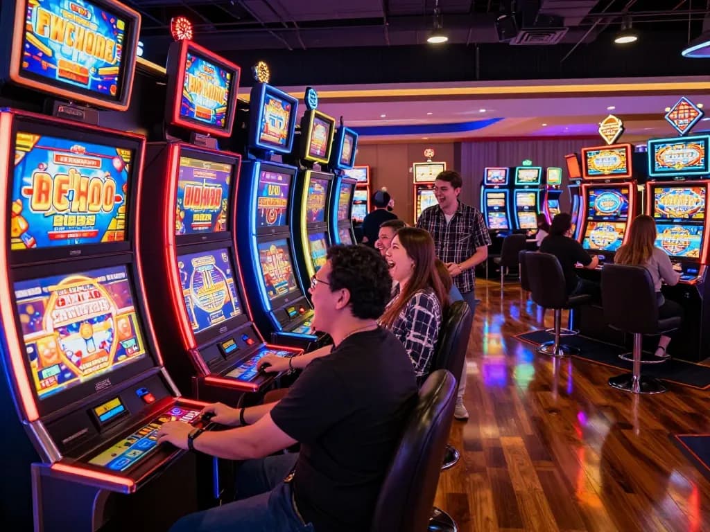 Players enjoying diverse slot machines in an exciting DA88 gaming atmosphere, colorful screens creating vibrant engagement