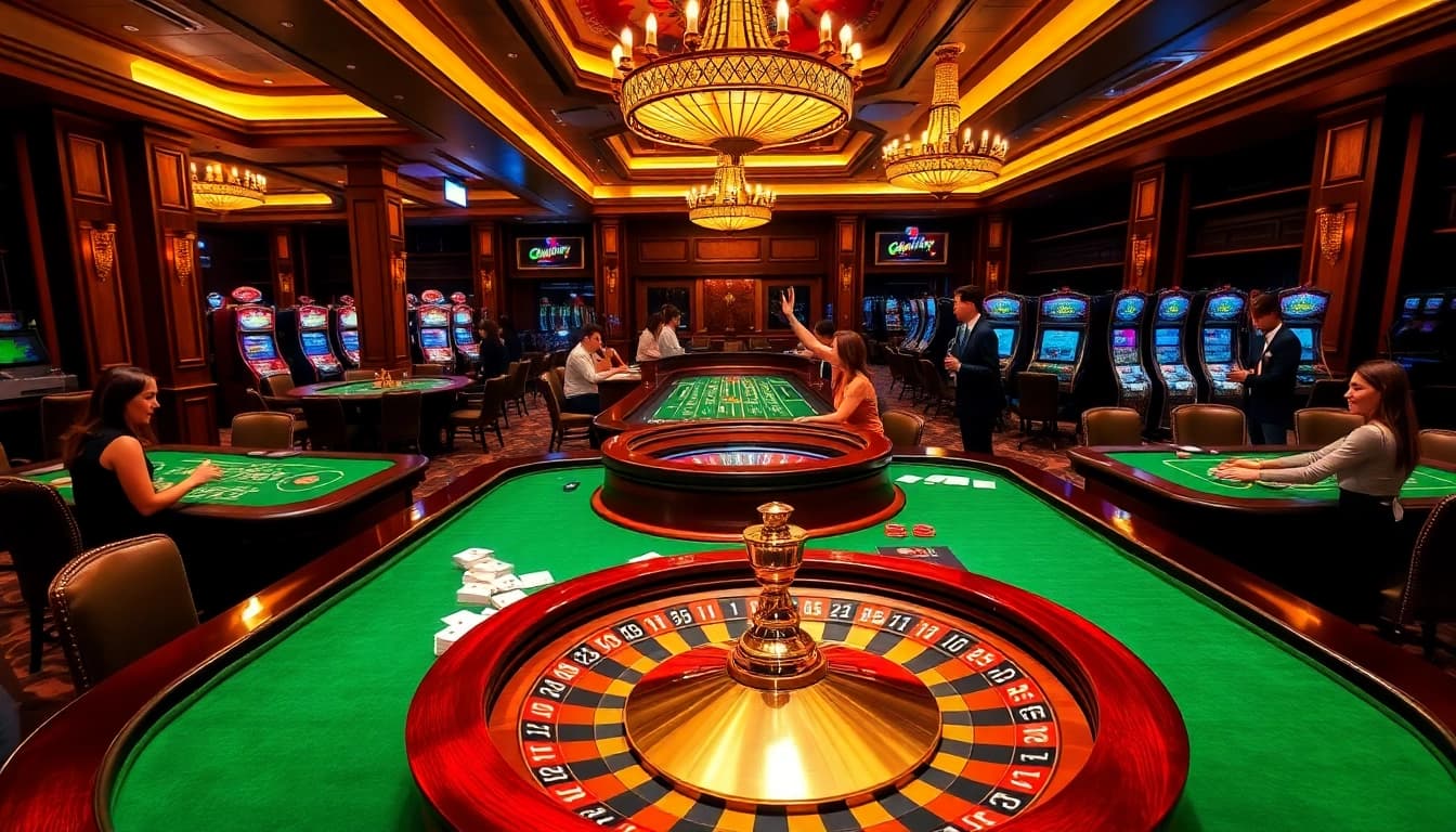 Players enjoying high-stakes games at 98win's luxurious casino, showcasing excitement and winning moments.