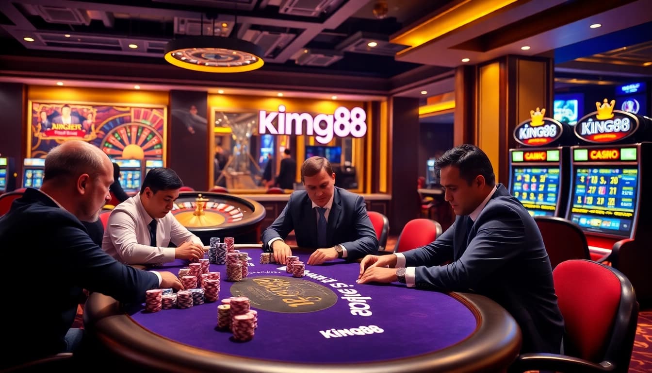 Players savoring excitement at a King88 poker table amidst luxury casino elements.