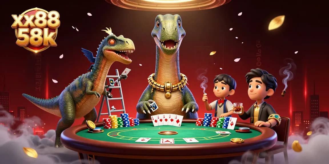 Engage with thrilling gameplay at xx88 58k, featuring a whimsical scene of a giant brontosaurus and clever raptor in a vibrant poker atmosphere.