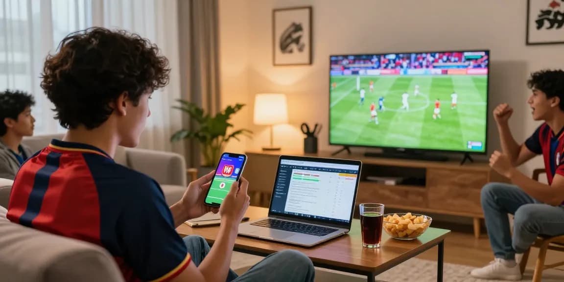 Fan monitoring ty le keo nha cai on smartphone during a live football match in a cozy living room.