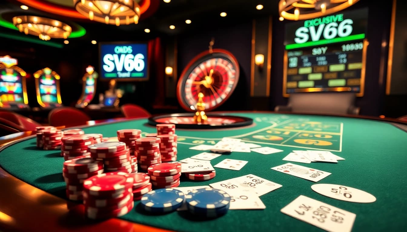 Engaged gamblers strategizing around the SV66 poker table with vibrant casino visuals.