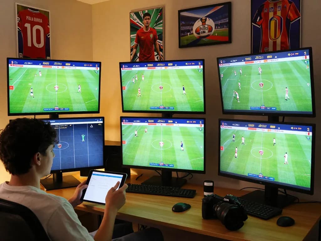 Betting on bola piala dunia 2026 matches from home, showcasing a vibrant sports setup and excitement.