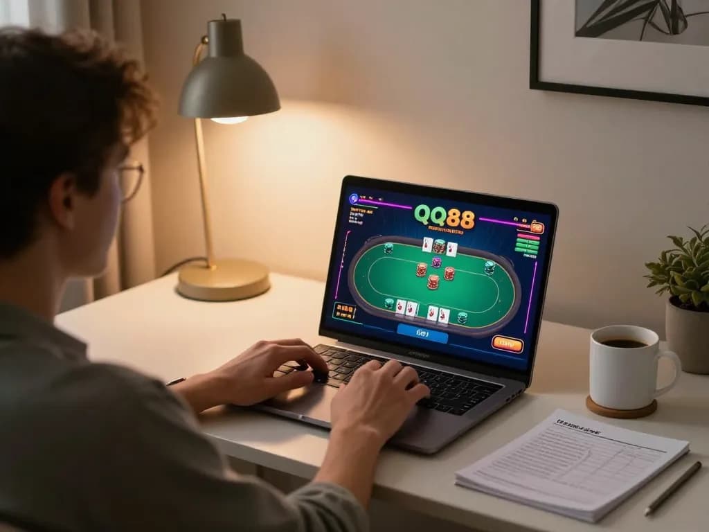 Player engaging in QQ88 poker game on a laptop, home setup enhances strategic gameplay