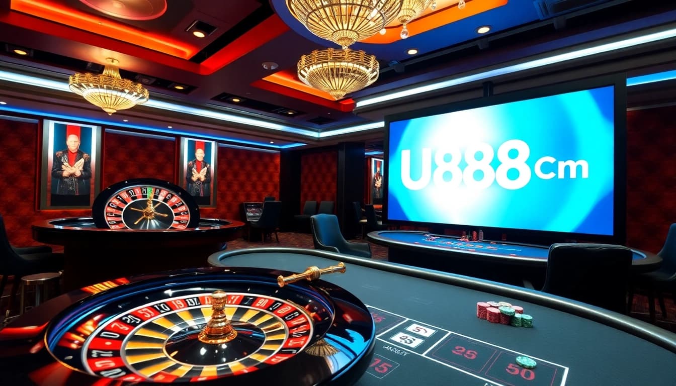 Experience the excitement at U888 Com with stunning casino visuals of roulette and poker tables.